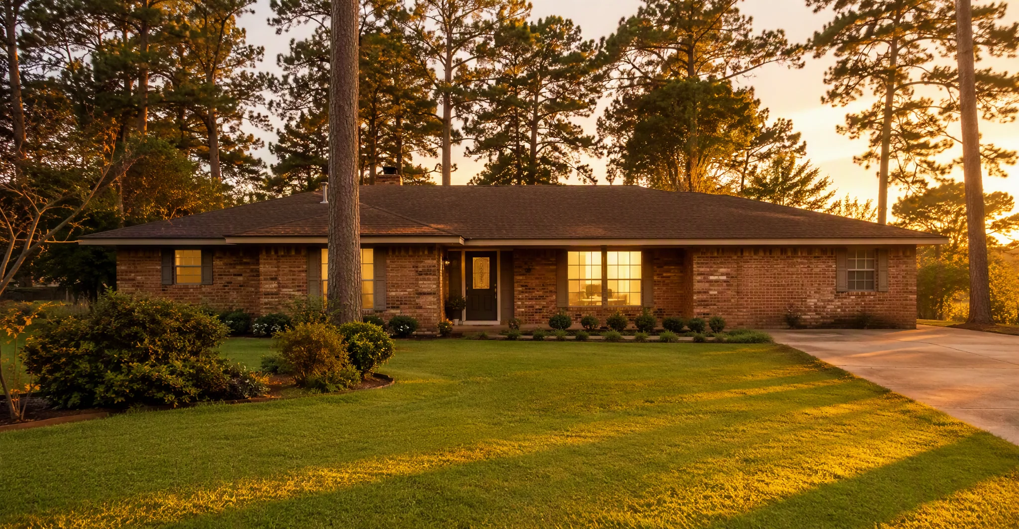 Golden-hour brick ranch home in the Longview Piney Woods